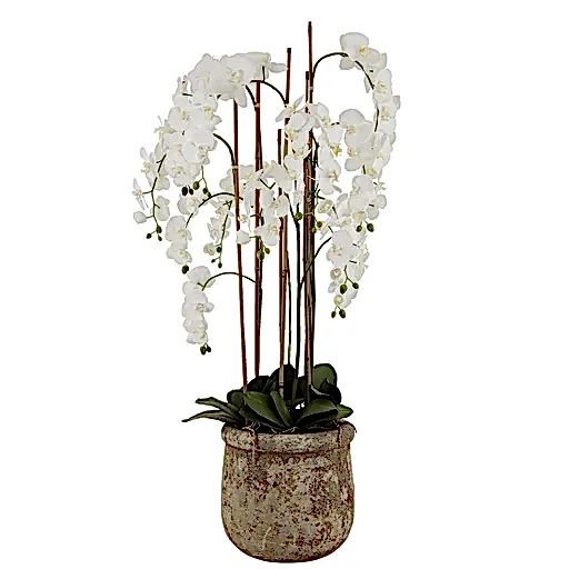Floor Standing White Orchids In Antique Stone Pot - 5 Foot Tall - The Furniture Mega Store 