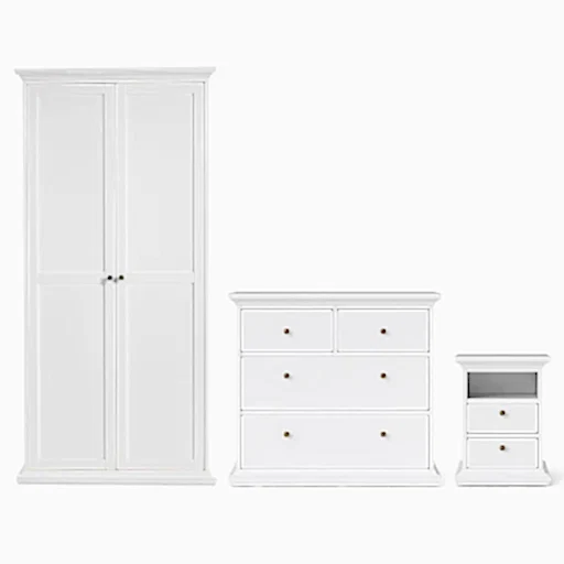 Parisian Package - Bedside 2 Drawers + Chest of 4 Drawers + 2 Door Wardrobe - White - The Furniture Mega Store 