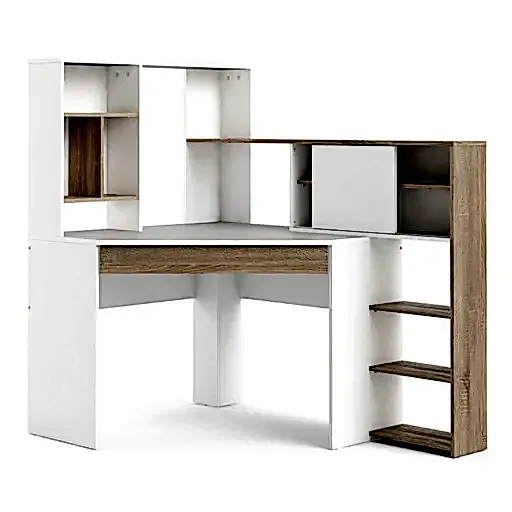 Corner Desk with multi-functional unit In White and Oak - The Furniture Mega Store 