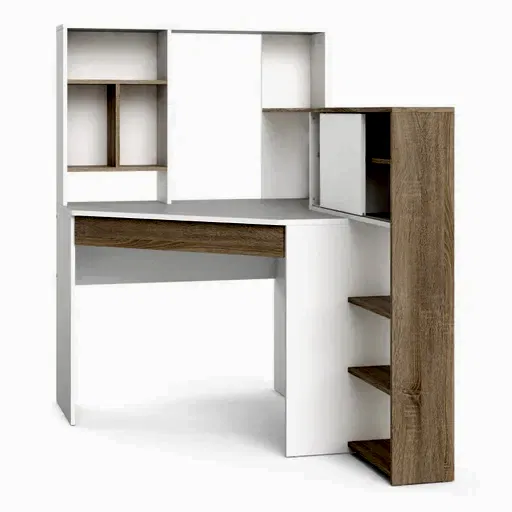 Corner Desk with multi-functional unit In White and Oak - The Furniture Mega Store 