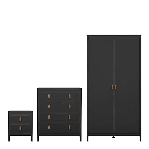 Barcelona - Bedside Table 2 drawers +  3+2 Drawer Chest + 2 Door Wardrobe - Matt Black - The Furniture Mega Store 