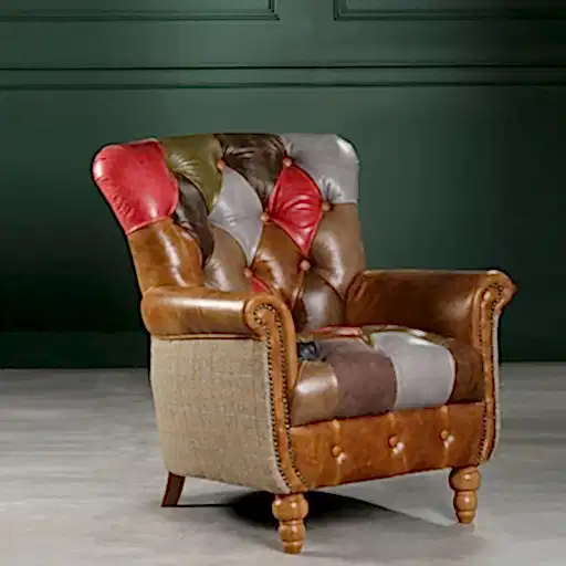 Alderley Vintage Leather & Harris Tweed Patchwork Chesterfield Chair - The Furniture Mega Store