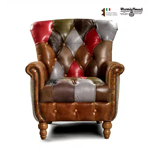 Alderley Vintage Leather & Harris Tweed Patchwork Chesterfield Chair - The Furniture Mega Store