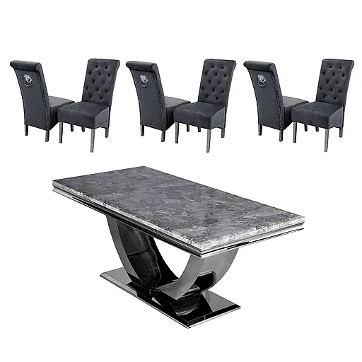 Ariel 1.8 Marble Dining Table & Sofia Velvet Lion Knocker Dining Chairs - Set - The Furniture Mega Store