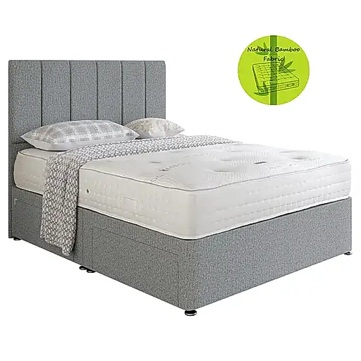 Bamboo Tencel 3000 Pocket Divan Bed Set - Grey Tweed - Base + Headboard + Mattress - Choice Of Sizes - The Furniture Mega Store