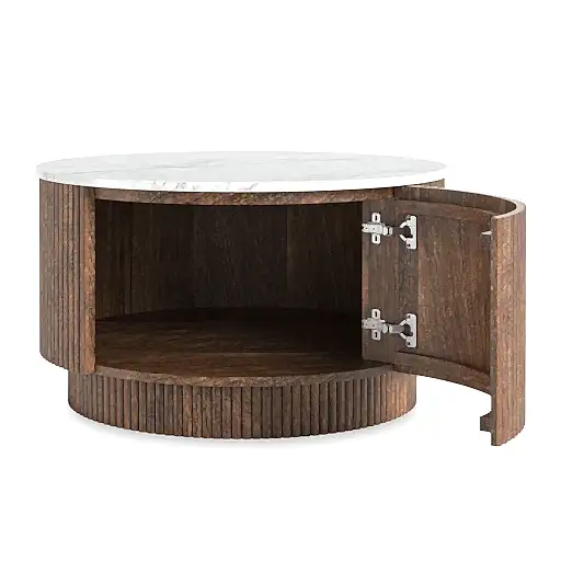 Piano Walnut Fluted Wood and Marble Top Round Coffee Table with 1 Door Storage - The Furniture Mega Store 