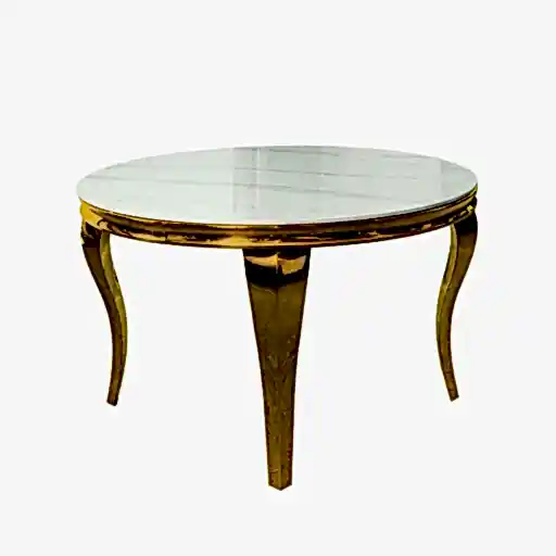 Sophia 1.1m Round Cream Marble & Gold Leg Dining Table & 4 Cream Velvet & Gold Dining Chairs - The Furniture Mega Store 