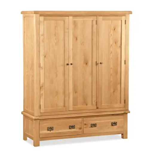 Sailsbury Solid Oak Triple Wardrobe 3 Doors & 2 Bottom Storage Drawers - The Furniture Mega Store 