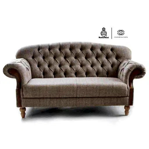 Haworth Buttoned Back Hunting Lodge Harris Tweed® & Brown Vintage Leather Sofa - Choice Of Sizes - The Furniture Mega Store
