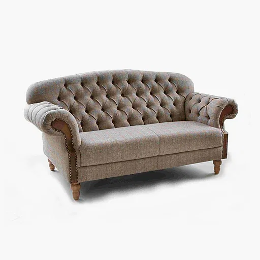 Haworth Buttoned Back Hunting Lodge Harris Tweed® & Brown Vintage Leather Sofa - Choice Of Sizes - The Furniture Mega Store