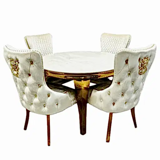 Sophia 1.1m Round Cream Marble & Gold Leg Dining Table & 4 Cream Velvet & Gold Dining Chairs - The Furniture Mega Store 