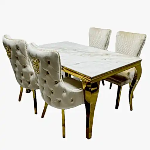 Sophia 1.6m Cream Marble & Gold Leg Dining Table & 4 Cream Velvet & Gold Dining Chairs - The Furniture Mega Store 