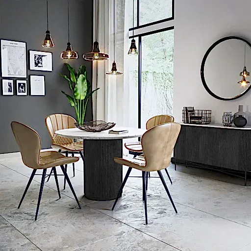 Miles Charcoal Fluted Mango & White Marble Top Round Dining Table 120cm - The Furniture Mega Store