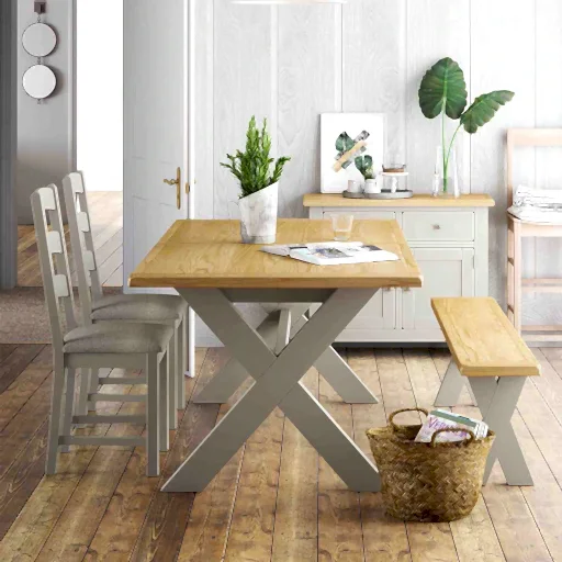 Country Grey and Oak Cross Leg Extendable Dining Table, 190cm-250cm - The Furniture Mega Store