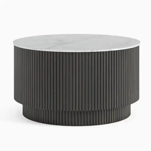 Miles Charcoal Fluted Mango & White Marble Round Coffee Table with 1 Door Storage - The Furniture Mega Store 