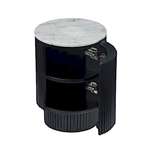 Miles Charcoal Fluted Mango & White Marble Round Side Table with 1 Door - The Furniture Mega Store 