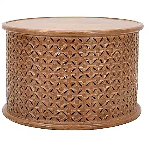 Carved Mango Wood Round Coffee Table - 70cm - The Furniture Mega Store 