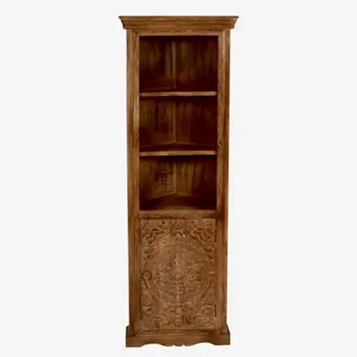 Carved Mango Wood Corner Bookcase With Cupboard - The Furniture Mega Store 