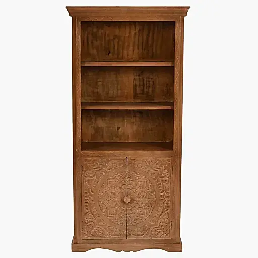 Carved Mango Wood Large Bookcase With Cupboard - The Furniture Mega Store 