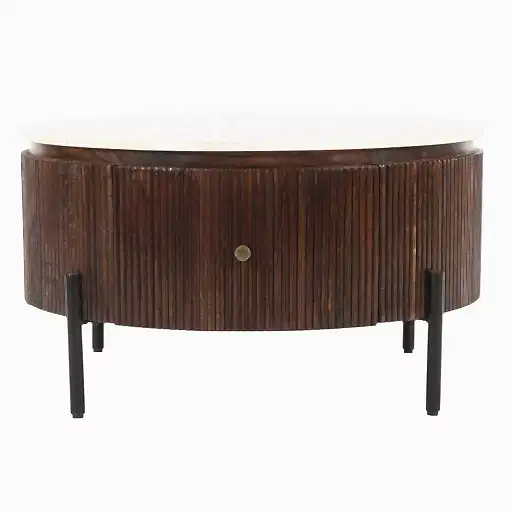 Opal Fluted Mango Wood & Marble Top 1 Drawer Round Coffee Table - 80cm - The Furniture Mega Store 