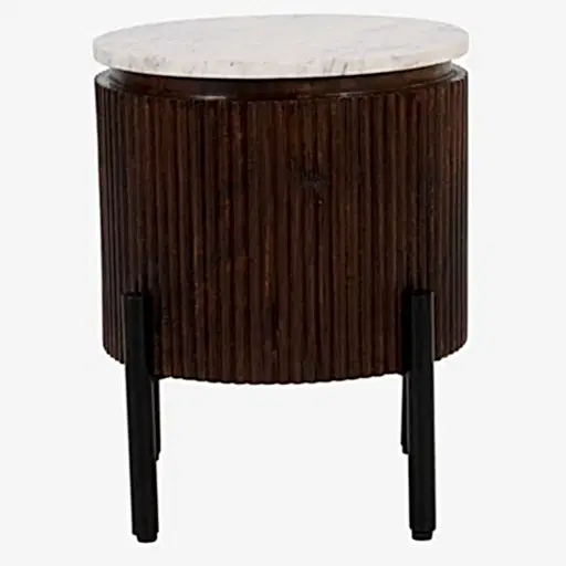 Opal Fluted Mango Wood & Marble Top Round Side Table - 35cm - The Furniture Mega Store 