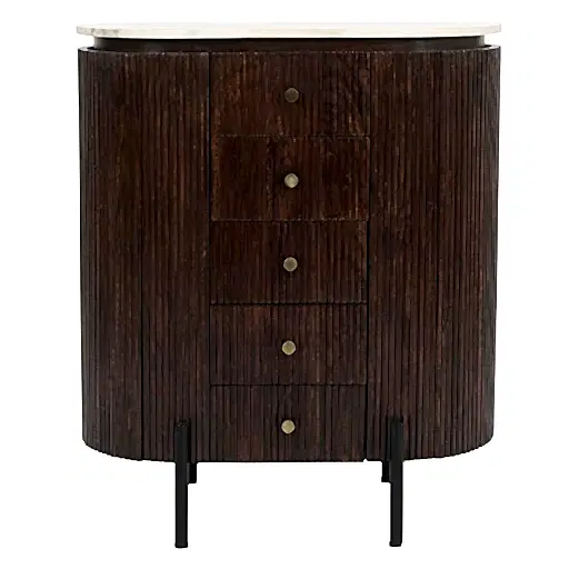 Opal Fluted Mango Wood & Marble Top Wide Chest Of 5 Drawers - The Furniture Mega Store 