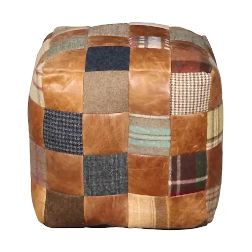 Brown Vintage Leather, Harris Tweed & Moon Wool Patchwork Square Bean Bag - The Furniture Mega Store 