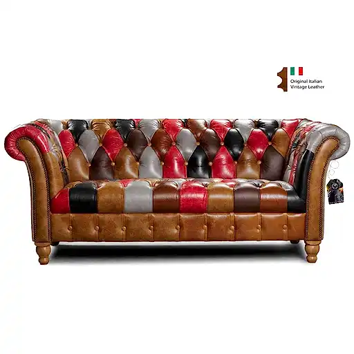 Alderley Vintage Leather & Harris Tweed Patchwork Chesterfield Sofa - The Furniture Mega Store