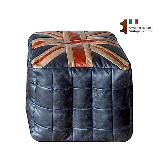 Union Jack Vintage Leather Cube Bean Bag - Large - The Furniture Mega Store