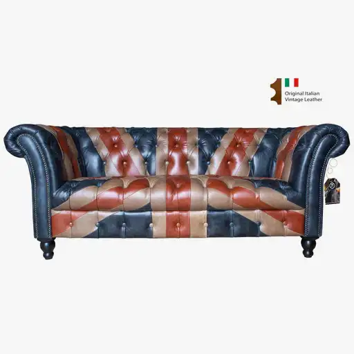 Union Jack Vintage Leather Buttoned Chesterfield Sofa Collection - The Furniture Mega Store