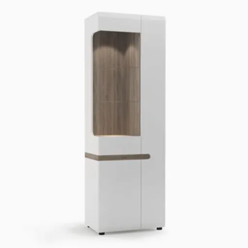 Chelsea White High Gloss & Truffle Oak Trim Tall Glazed Narrow Display unit (RHD) - The Furniture Mega Store