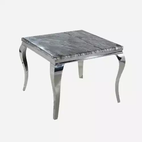 Louis Square Dark Grey Marble & Polished Steel Dining Table & 4 Chelsea Lion Head Dark Grey Velvet Dining Chairs - The Furniture Mega Store