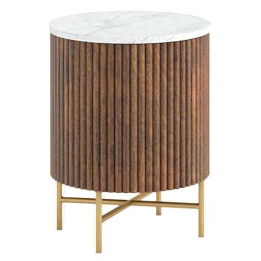 Piano Walnut Fluted Wood and Marble Top Round Bedside Table with 1 Door, Made of Mango Wood Ribbed and White Marble Top - The Furniture Mega Store 
