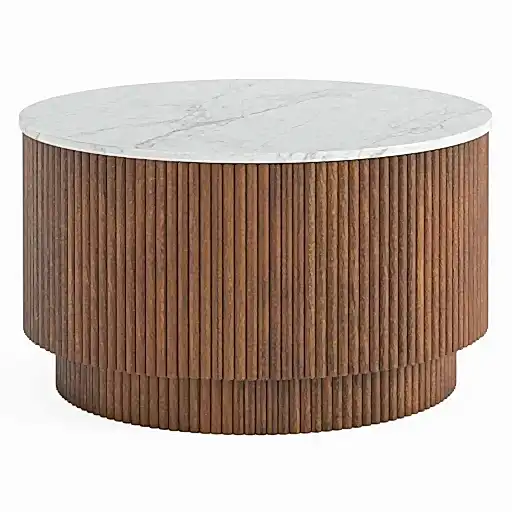 Piano Walnut Fluted Wood and Marble Top Round Coffee Table with 1 Door Storage, Made of Mango Wood Ribbed Drum Base and White Marble Top - The Furniture Mega Store 