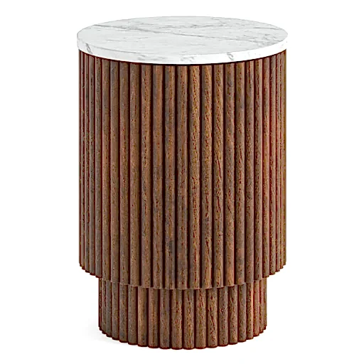 Piano Walnut Fluted Wood and Marble Top Round Side Table with 1 Door, Made of Mango Wood Ribbed Drum Base and White Marble Top - The Furniture Mega Store 