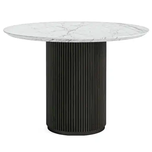 Piano Black Fluted Wood and Marble Top Round Dining Table, 120cm Dia Seats 4 Diners, Made of Mango Wood Ribbed Drum Base and White Marble Top - The Furniture Mega Store