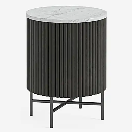 Piano Black Fluted Wood and Marble Top Round Bedside Table with 1 Door, Made of Mango Wood Ribbed and White Marble Top - The Furniture Mega Store 