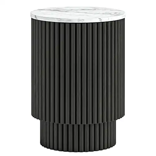 Piano Black Fluted Wood and Marble Top Round Side Table with 1 Door, Made of Mango Wood Ribbed Drum Base and White Marble Top - The Furniture Mega Store 