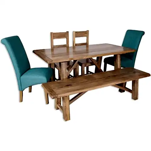 Bombay Mango Wood Dining Set with 2 Wooden and 2 Fabric Chairs and Bench - The Furniture Mega Store