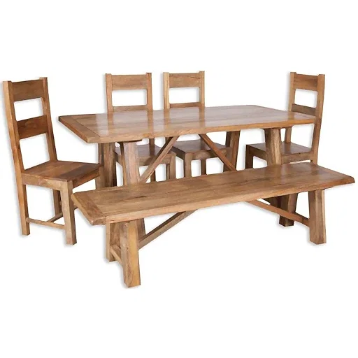 Bombay Mango Wood Dining Set with 4 Wooden Chairs and Bench - The Furniture Mega Store