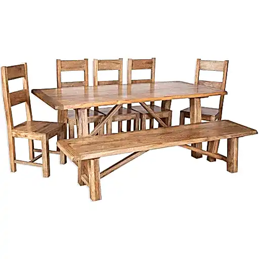 Bombay Mango Wood Dining Set with 5 Wooden Chairs and Bench - The Furniture Mega Store 