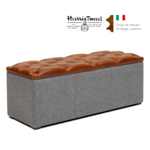 Vintage Leather & Harris Tweed Buttoned Top Storage Bench 120cm - The Furniture Mega Store 