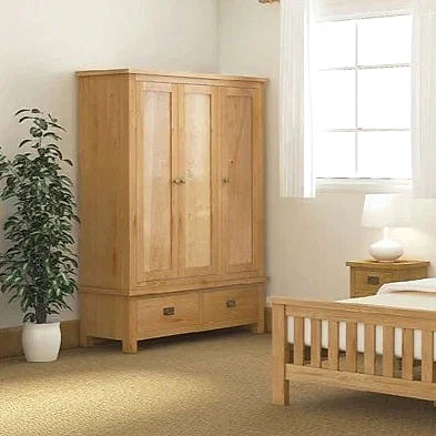 Addison Natural Oak Triple Wardrobe with 3 Doors & 2 Bottom Storage Drawers - The Furniture Mega Store 