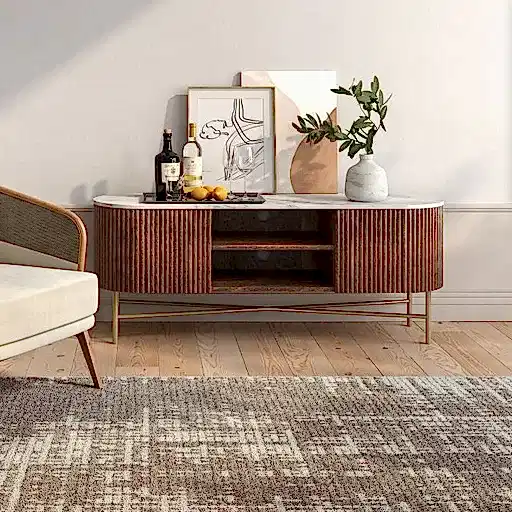Piano Walnut Fluted Wood and Marble Top Large Curved TV Unit, 150cm Wide for Television Upto 55in Plasma, Made of Mango Wood Ribbed Base and White Marble Top - The Furniture Mega Store 