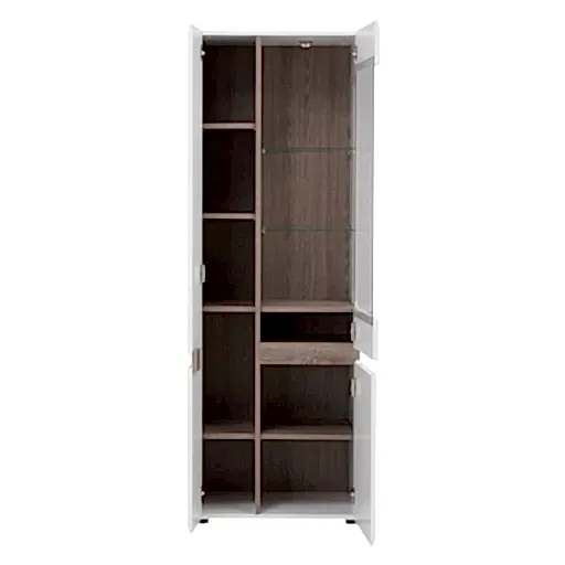Chelsea White High Gloss & Truffle Oak Trim Tall Glazed Narrow Display unit (LHD) - The Furniture Mega Store