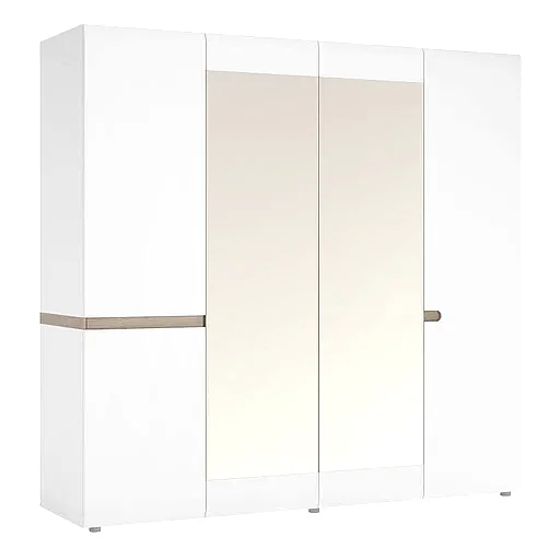 Chelsea White High Gloss & Truffle Oak Trim 4 Door Mirrored Wardrobe - The Furniture Mega Store