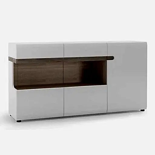 Chelsea White High Gloss & Truffle Oak Trim 3 Door Glazed Sideboard - Optional Lighting - The Furniture Mega Store 
