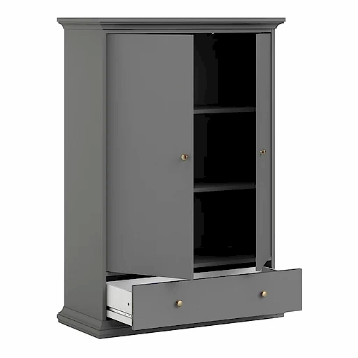 Parisian 2 Door 1 Drawer & 2 Shelves Wardrobe in Matt Grey - The Furniture Mega Store 