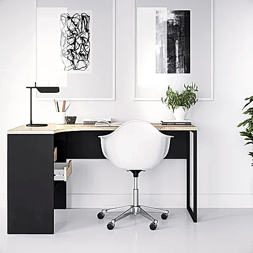 Corner Desk 2 Drawers in Black Matt and Oak - The Furniture Mega Store 