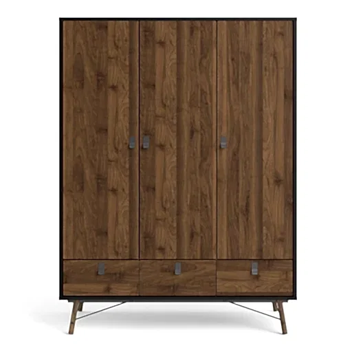 Rena 3 Door 3 Drawer Wardrobe - Matt Black & Walnut - The Furniture Mega Store 